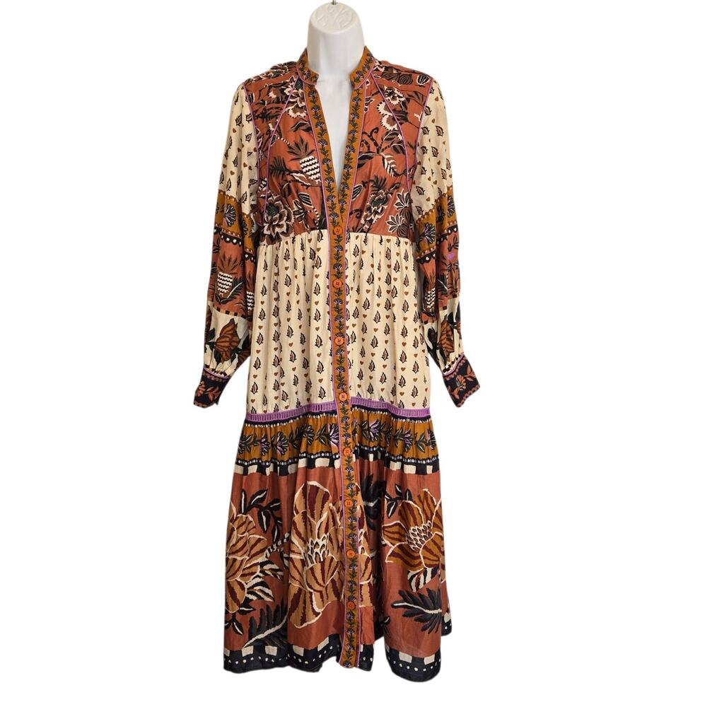 Farm Rio‎ Beige Ainika Floral Boho Midi Long Sleeve Dress XS